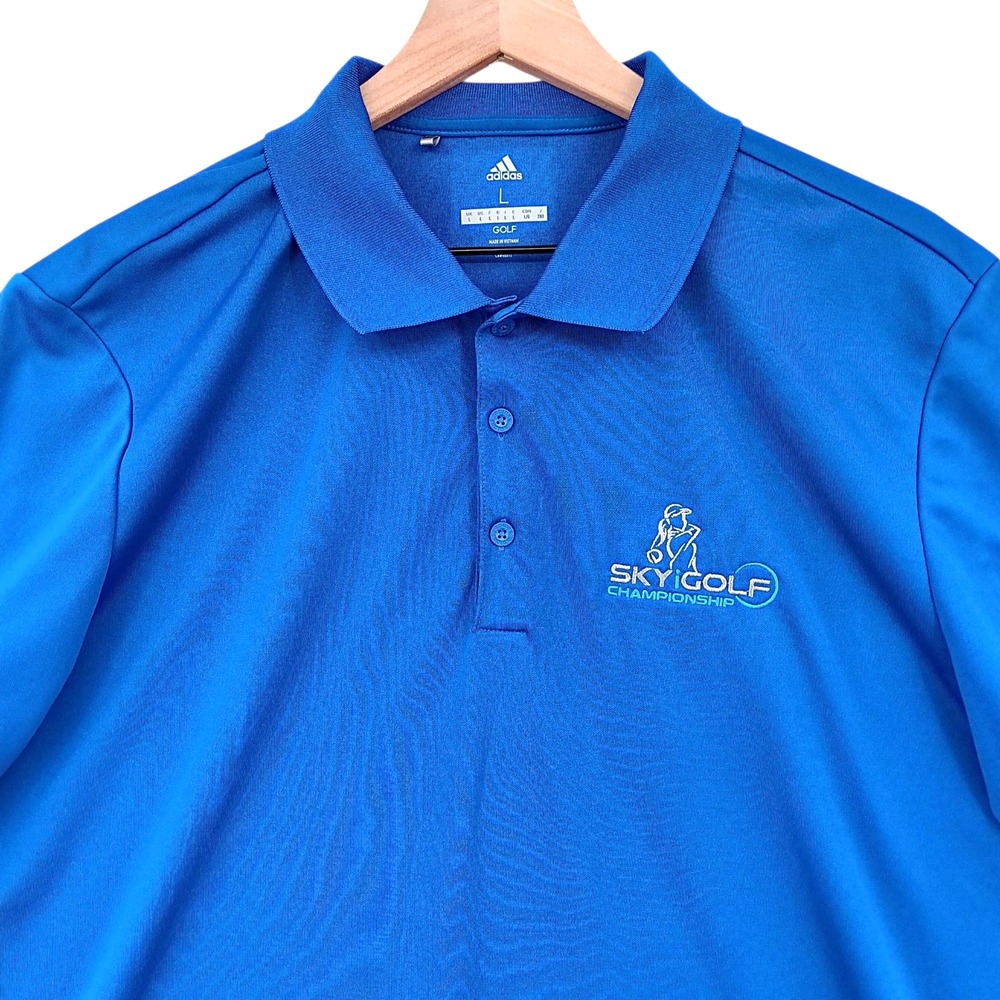 Adidas Polo Shirt Mens L Blue Performance SkyiGolf Championship Logo Sporty